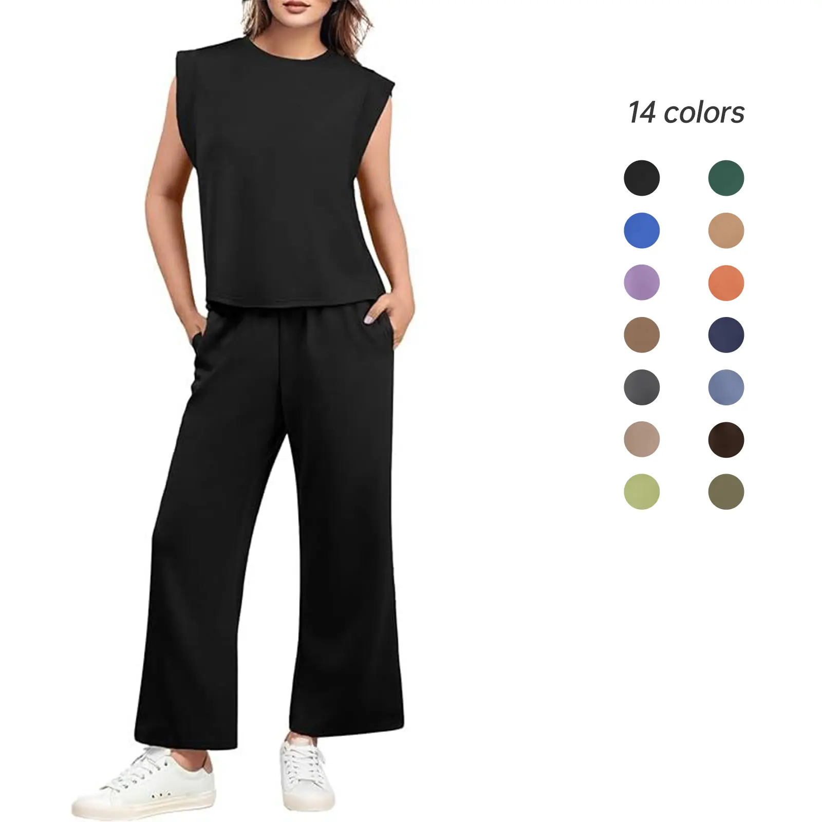 GRECERELLE Two Piece Sets for Women 2026 Summer Round Neck Cap Sleeve Top and Wide Leg Pants with Pockets