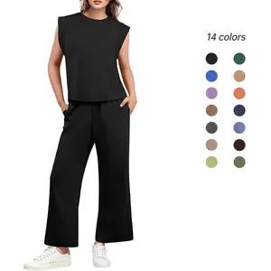 GRECERELLE Two Piece Sets for Women 2026 Summer Round Neck Cap Sleeve Top and Wide Leg Pants with Pockets