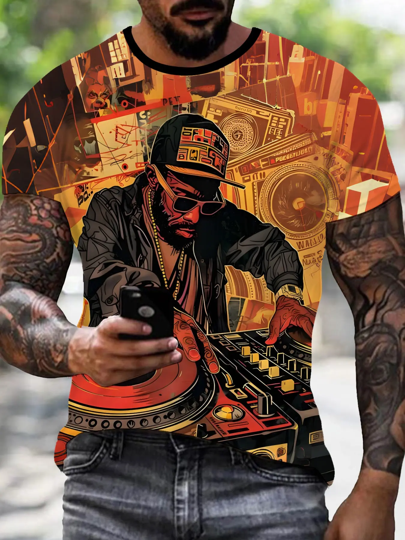 Summer Men's Vintage Dj Printing Short Sleeve T-Shirt, Cool Street Hip-Hop Casual Top, Fitted All over Print, Long Clothing