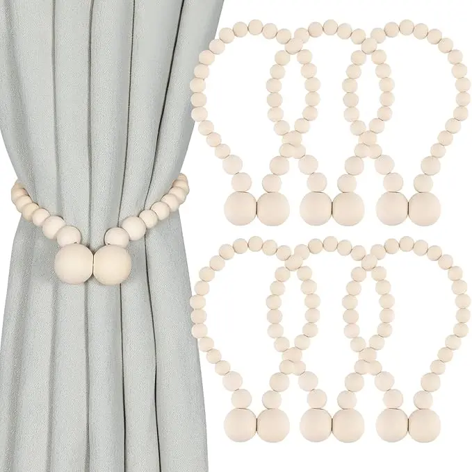 Magnetic Curtain Tiebacks, Curtain Tie Backs for Curtains 2Pack, Wood Bead Curtain Tiebacks, Curtain Holders for Boho Bedroom Decor,