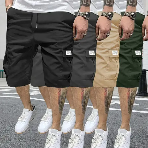 Men's Outdoor Military-Inspired 4-Pack Polyester Shorts - Lightweight, Loose Fit, Durable, Drawstring, Multi-Pocket, Straight-Leg for Camping, Hiking