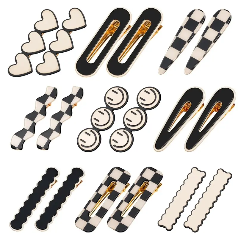 Women's 18-Count Acrylic/Plastic Checkerboard Hair Clips Set - Korean-Style Casual Female Barrettes with Metal Springs, Hearts, Water Droplets, Geometric Shapes, Smiley Faces, Minimalist Gentle Hold, Storage Box for All Everyday Use, Engagement Gifting, G