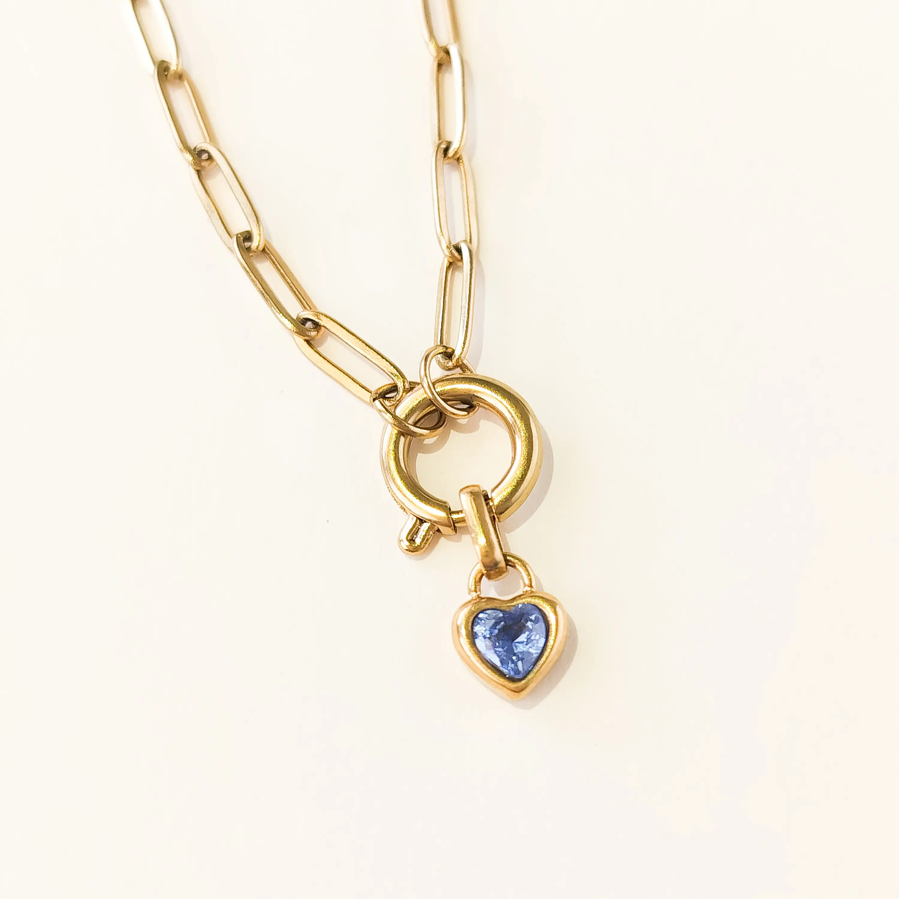 Adults' Oversized Birthstone Necklace with Exquisite Trendy Heart Pendant, Modern 304 Stainless Steel Paperclip Chain with Toggle Clasp, Gold-Tone Layer-Ready Colorful Stone Jewelry, Alexandrite/June Vibrant Stone Prom Necklace Stack, Exquisite Trendy Pen