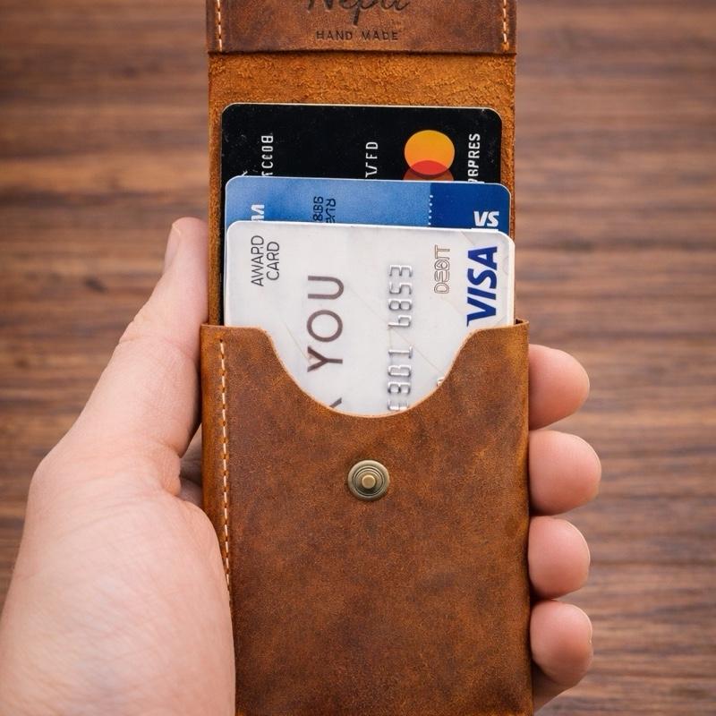 Men’s and Women’s Brown Minimalist Leather Wallet -Holds  Cards, Compact for Front Pocket, Elegant and Practical Design