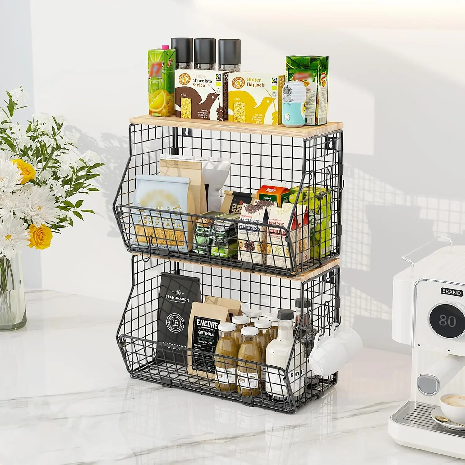 1/2 Pack Fruit Basket Metal, Kitchen Hanging Fruit Bowl with Banana Hanger, Kitchen Countertop Rack, Wall mounted Storage Baskets for Vegetables, Fruit, Bread Organiser Hangable house organizers