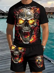 Men's 2-Piece Set 3D Digital Print Round Neck Short Sleeve, Menswear Trendy Devil Skull Pattern, Loose-Fit Streetwear for All Seasons