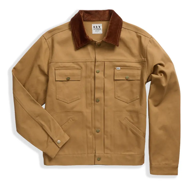 Men's Ely Cattleman Retro Reissue 14oz Twill Cropped Trucker Jacket - Brown Corduroy Collar, Long Sleeve, Casual, 2 Flap Pockets, Front Pleating, Logo Embossed Snaps, Western Clothing, Men's Clothing, Clothes