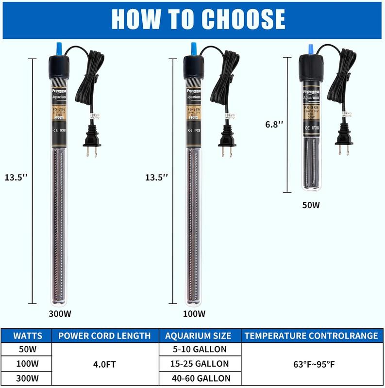 FREESEA 100 Watt Aquarium Fish Tank Heater with Aquarium Submersible Thermometer Marine Aquarium Heater with LED Controller Submersible Quartz Submersible Aquarium Super Mini Stainless Steel