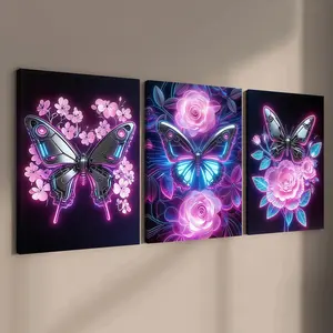 3-count wooden frame canvas, cyberpunk-style mechanical butterfly flower three-piece Floral decorative poster, modern family poster, fashionable living room decoration, suitable for corridor, room and bedroom walls, waterproof art