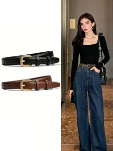 2pcs Women's New Fashion Trendy Belt, Square Alloy Buckle Design, Casual Thin Waistband, Suitable for Jeans, Suits, Dresses