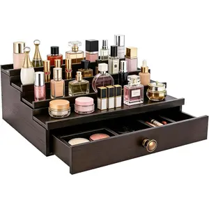 Men's Cologne Organizer 4 Tier Wooden Perfume Stand with Hidden Compartment & Bottom Drawer, Pine Wood Fragrance Display Shelf for Cologne, Watches, Jewelry, Makeup Organizer