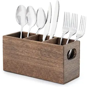 Wooden Silverware Holder,Kitchen Utensil Caddy with 3 Compartments,Cutlery Storage Organizer Countertop,Flatware Organizer for Party,Spoon, Fork Holder