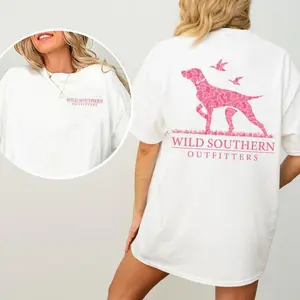 Women's Pink Camo Hunting Dog Graphic T-Shirt, Wild Southern Style, Casual Printed Cotton Top