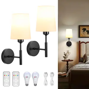 Battery Operated Wall Sconce with Remote Not Wiring Dimmable Rechargeable Battery Wall Sconce Set of 2 Wireless Wall Lamp Lights for Bedroom (Black)