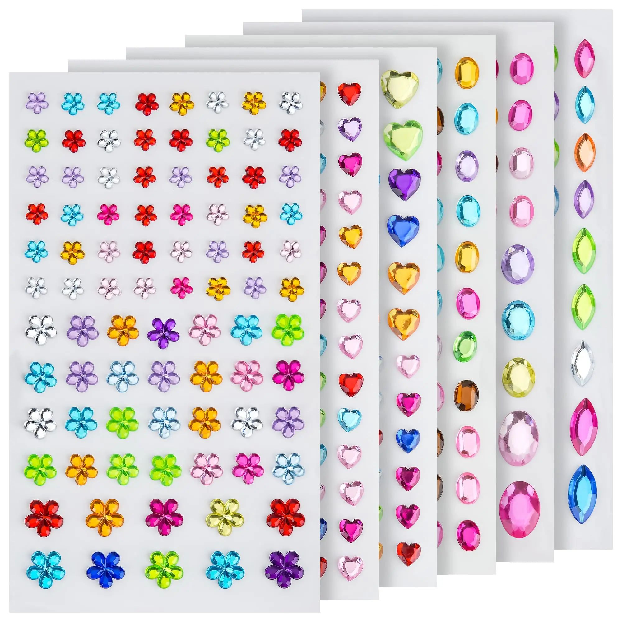 6 Self-Adhesive Acrylic Stickers, Colorful Heart Crystal Stickers, Various Shapes and Sizes, Craft and Decoration Decals, Fun Stickers