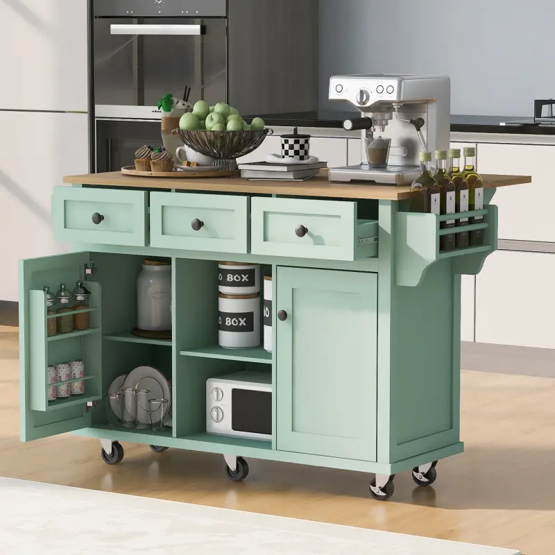 Kitchen Cart with wood Drop-Leaf Countertop,Cabinet door internal storage racks,Kitchen Island with Storage Bow Cabinet and 3 Drawers Dresser for Dinning Room, sturdy cupboards & cabinets, coffee table