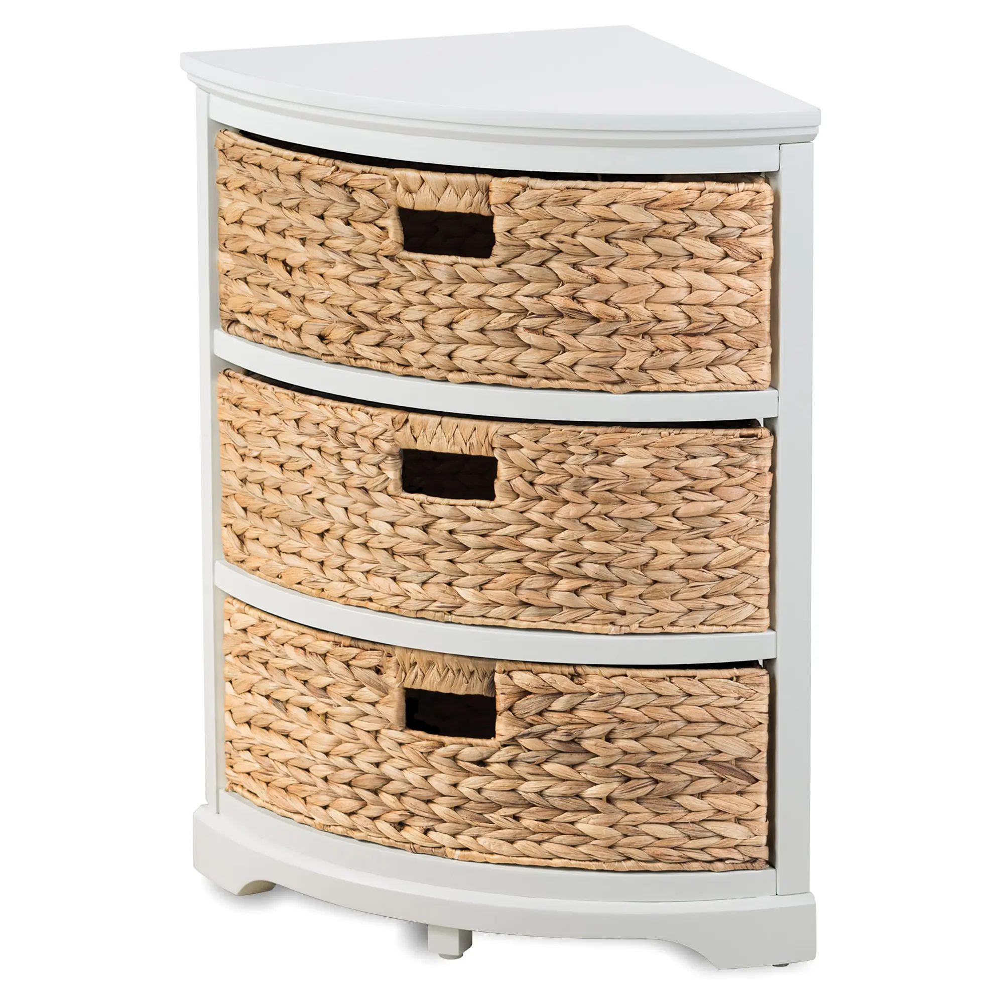 eHemco Hampton Meadows 3 Tier X-Side Corner Table Storage Cabinet with 3 Natural Water Hyacinth Wicker Baskets