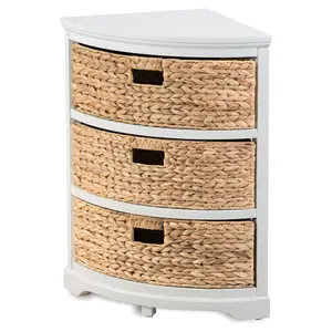 eHemco Hampton Meadows 3 Tier X-Side Corner Table Storage Cabinet with 3 Natural Water Hyacinth Wicker Baskets