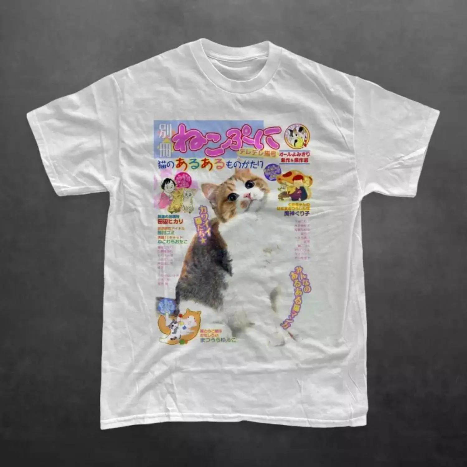 Kawaii Retro Japanese Manga Cat T-Shirt, Y2K 2000s Cat Graphic Tee, Cute Anime Cat Magazine Shirt, Funny Vintage Animal Print Streetwear Top for Men and Women Casual Crewneck
