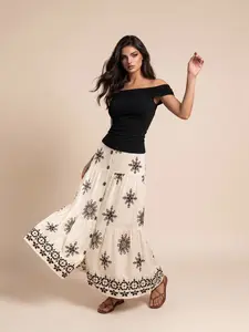Women's Long Floral Button Front Skirt, Non-Elastic Fabric, Bohemian Style, Embroidery, Spring Summer Layered Design