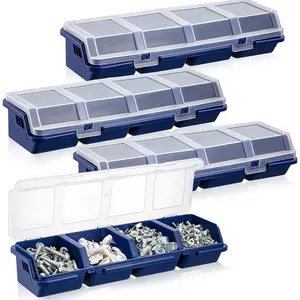4 Pcs Screw Organizer Box with Lid 4 Compartments Tool Bin Divider Plastic Stackable Hardware Organizer Small Part Storage Sorting Screw Box for Garage Workbench Craft Storage (Blue)