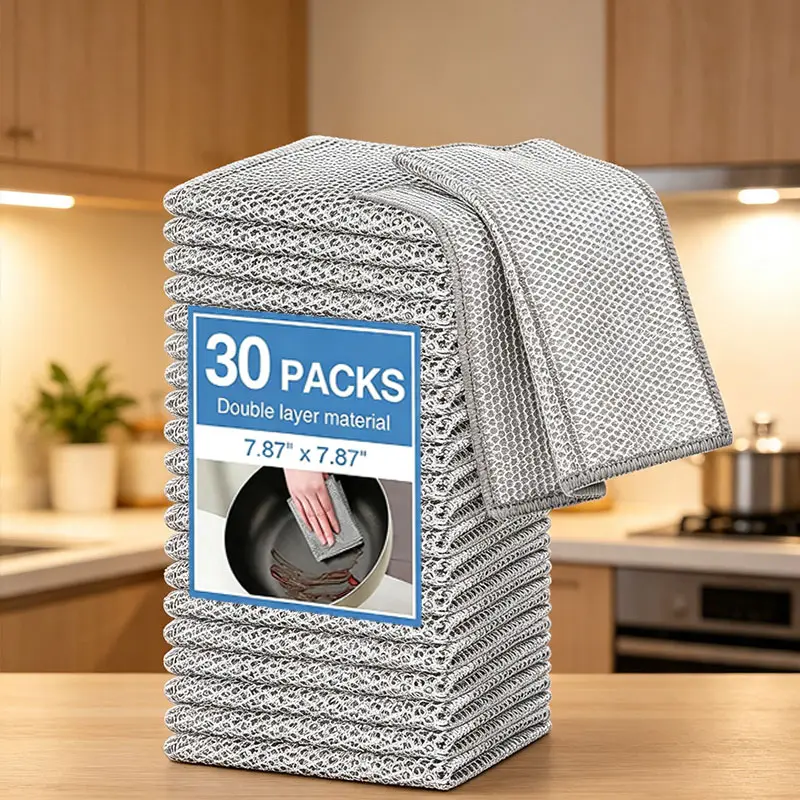 10-30Counts Double-Layer Streak-Free Multipurpose Non-Scratch Wire Dishcloths, Reusable Dishwashing Rags for Wet & Dry Use, Kitchen Cleaning Cloths for Sinks, Pans & Dishes, Washable & Durable