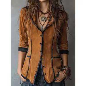 Women's Western Retro Jacket - Hooded Long Coat, Color-Block Collar and Button Design, All-Season Brown Casual Formal Outerwear - Versatile Layering, Classic Cut, Exquisite Texture, Fashionable Women's Choice