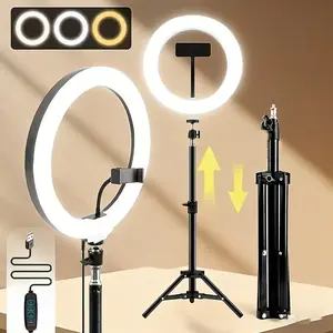 25.4 cm Circle Selfie LED Ring Light, USB Powered, Adjustable Height, Extendable Tripod Stand, Phone Holder, Dimmable, Ideal for Indoor Selfie Camera Photography, Makeup, YouTube Video, Vlogging, Live Streaming, No Battery Required, Selfie Accessories