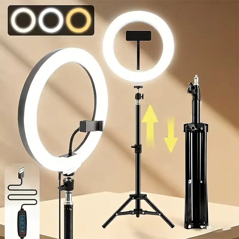 25.4 cm Circle Selfie LED Ring Light with Stand, Ring Light for Phone, USB Powered, Adjustable Height, Extendable Tripod Stand, Phone Holder, Dimmable, Selfie Photography, Live Streaming, No Battery Required, Selfie & Smartphone Camera Accessories