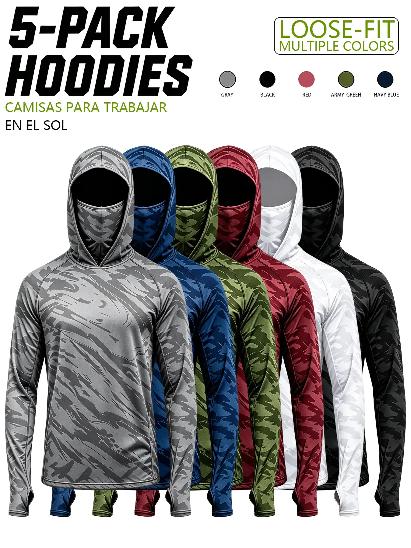 Men's 5-Pack UPF50 Sun Protection Hooded Long-Sleeve Shirts - Loose-Fit, Quick-Dry, Stretch Athletic Shirts with Built-In Face Mask & Thumb Holes for Fishing, Construction Work, Outdoor Sports