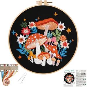 P-HDJ015     Mushroom Embroidery Kits for Beginners with Art Night Pattern,Adults Starter Cross Stitch Kit DIY Needlepoint