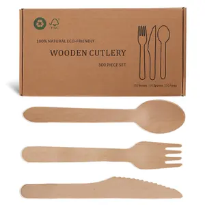 Wooden Cutlery Set – 100 Pack Disposable Wooden Utensils, Biodegradable Fork Spoon Knife for Party Picnic, FSC Certified Birchwood Flatware, Eco Friendly Compostable Tableware for Camping Catering