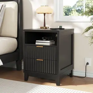 Vabches Fluted Nightstand with Charging Station, Modern Night Stand with 2 Slide Drawers and 1 Open Shelf, Black End Table with Metal Handles, Bedside Table for Bedroom, 17.7 x 17.7 x 23.6in