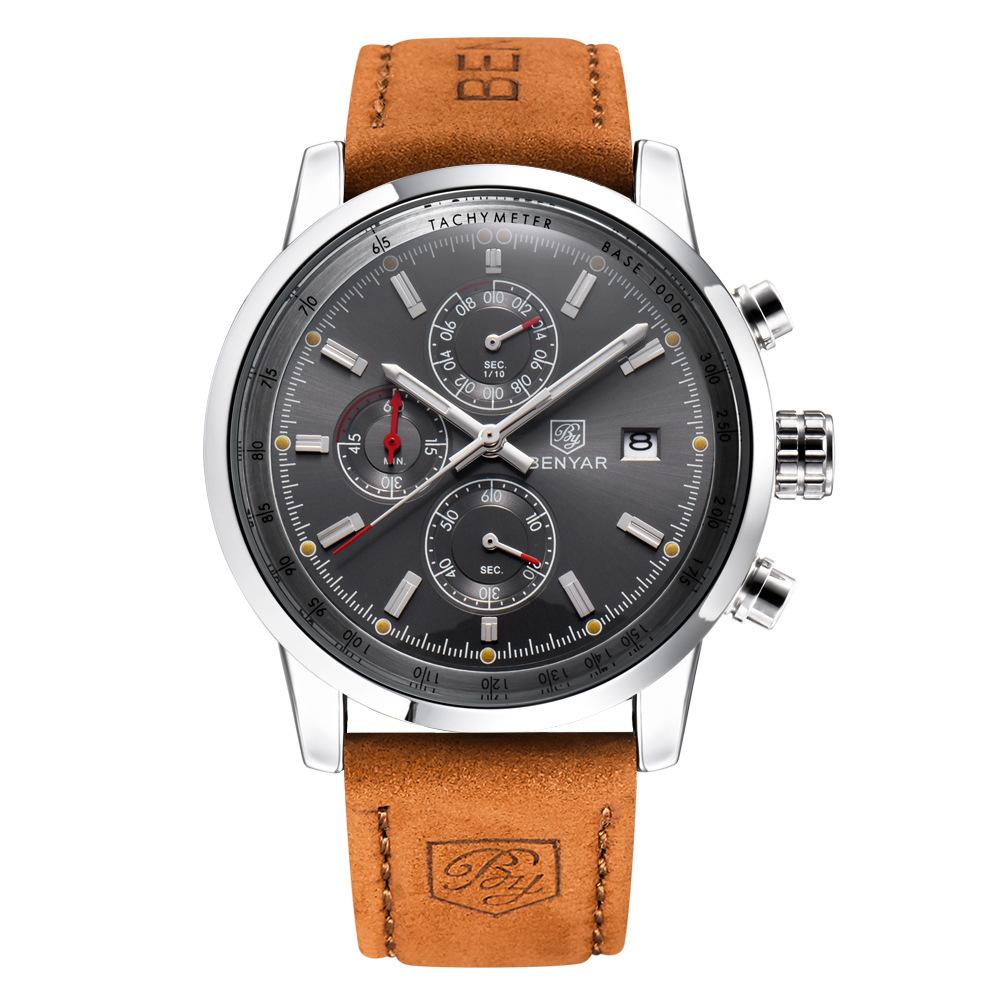 Benyar BY-5102M Men's Chronograph Watch Luxury Quartz Leather Strap Casual Business Wristwatch