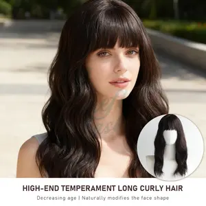 22-Inch Cool Brown Wavy Chic Wig for Women Built-In Bangs Smooth-Flowing Heat-Safe Lightweight Synthetic for Daily Runs & Night Occasions