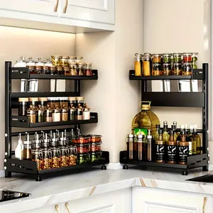 Versatile 2/3-Tier Metal Spice Rack & Utensil Organizer - Double Tiers, Carbon Steel, Countertop Storage for Kitchen Essentials