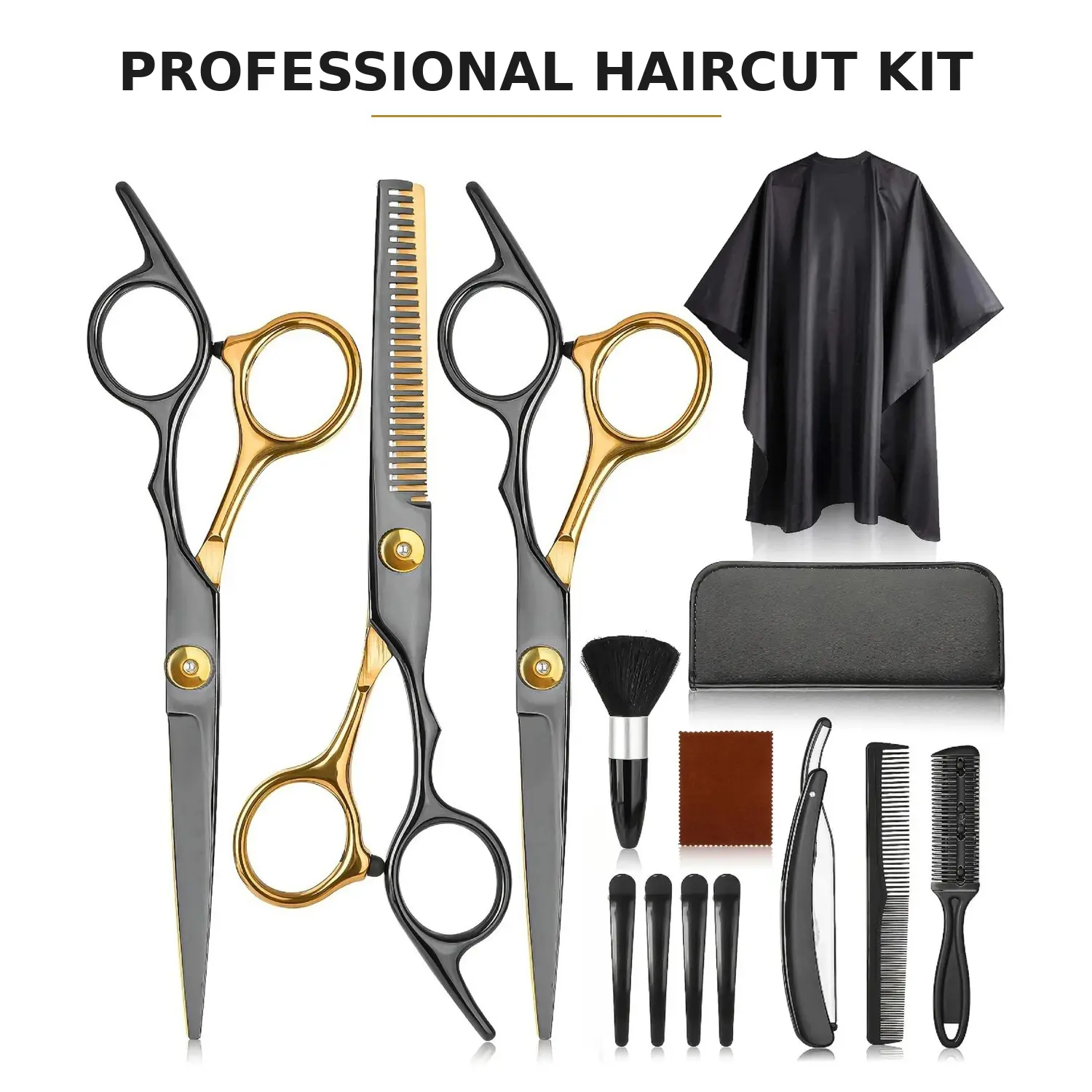 Professional Hair Cutting Scissors Set, Barber Haircut Kit with Stainless Steel Cutting Shears, Thinning Scissors, Folding Razor, Combs, Hair Clips, Brush, Cape & Storage Case for Home, Salon & Pet Grooming