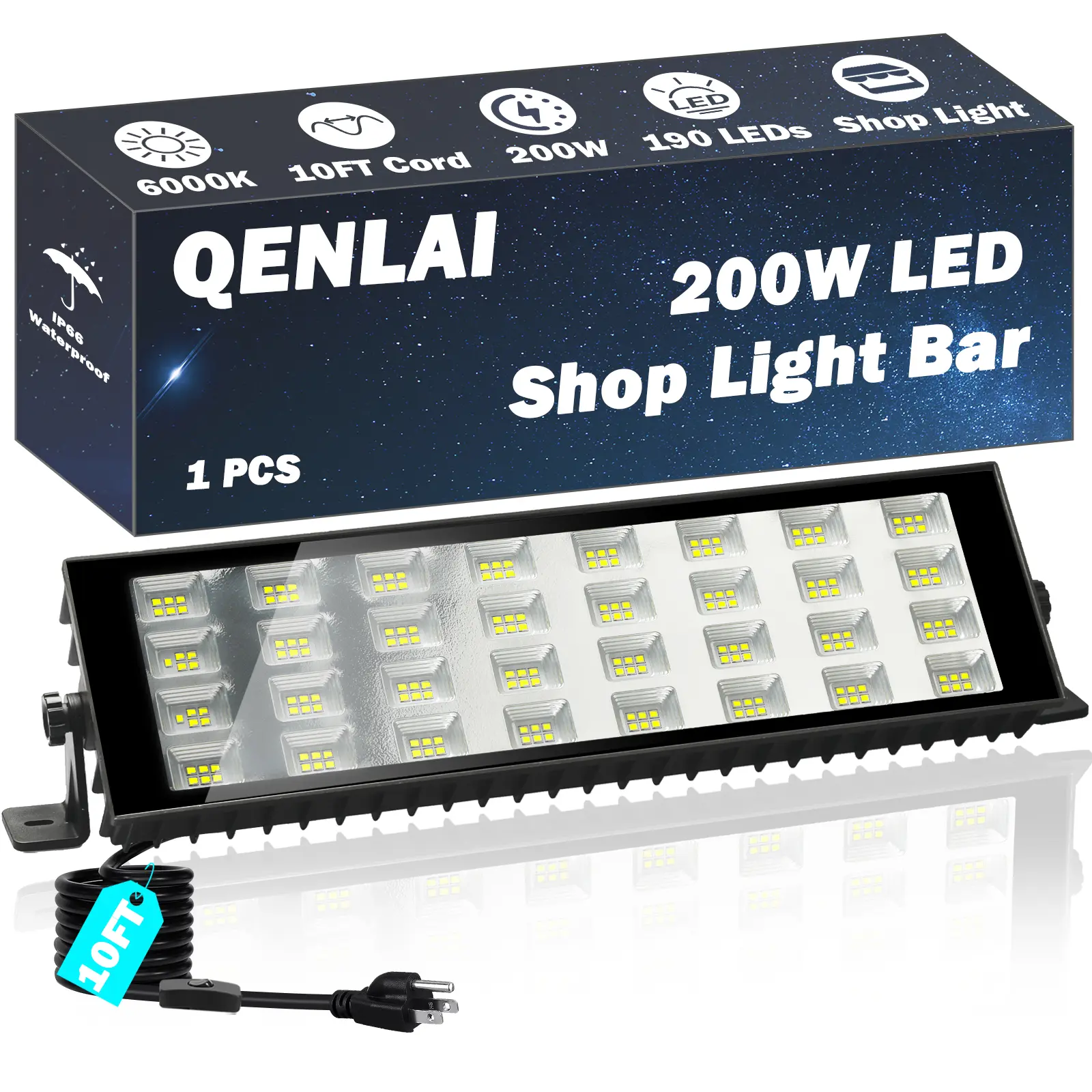 200W LED 6000K Shop Lights, 24000LM Light Bar Pro with 10FT Cord, Daylight Work Light Waterproof White Light for Workshop Garage Warehouse Basement Workbench Carport Indoor/Outoor