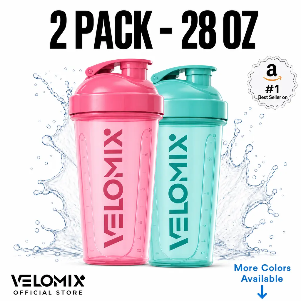 VELOMIX 2-Pack 28oz Protein Bottle Shakers - BPA-Free Leakproof Reusable Bottle, Secure Twist Lid, Wire Whisk Ball for Manual Shake Clump-Free Mix, Gym Sports Accessory (Multiple Colors)