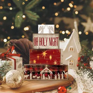 4 pcs Christmas Table Centerpiece Rustic Decorative, Tiered Tray Decor, Nativity Scene Wooden Decoration, Funny Gingerbread Christmas Sign, Block Signs Gift Farmhouse Winter Table Decoration for Home Kitchen