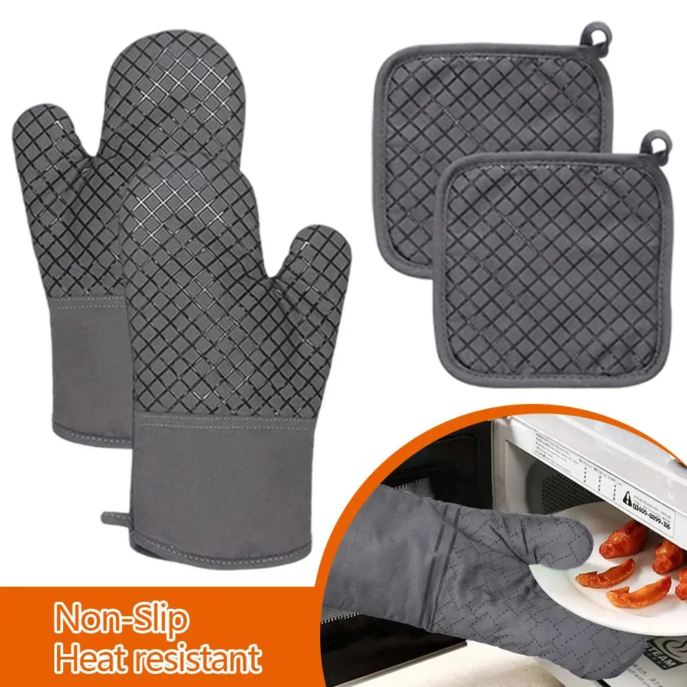4PCS Oven Mitts & Pot Holders Set - 500°F High Heat Resistant Kitchen Mitts, Recycled Cotton Infill, Silicone Non-Slip Surface, Long Design for Baking, Cooking