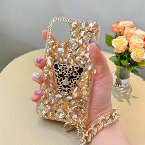 Luxurious Golden Leopard Rhinestone Smartphone Case with Chain - Stylish Protective Casing for iPhone 16, 16 Plus, 15, 14, 13, 12, 11 Pro Max Handheld Cellphone Accessories
