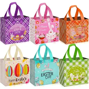 6 count Easter Bags with Handles Non-Woven Easter  Bags for Egg Hunt  Party Favors Supplies  Design Bunny Carrot Chick  Tote Basket Bag, 7.9x7.9x5.9 Inch