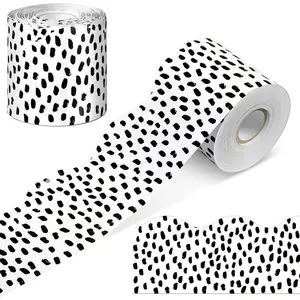 65 Feet Bulletin Board Borders Black and White Polka Dots Striped Grid Borders Decorative Straight Scalloped Wavy Rolled Trim Classroom Back to School Decor(Wavy Black Dot)
