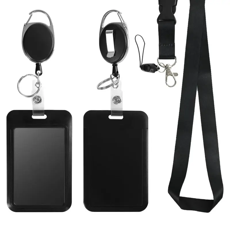 Sliding Id Badge Holder Black Plastic Card Case Protector Pouch With Clear Window For School Id Credit Cards Key Cards Card Slot Business Card Holder Office Accessories Card Id Slots Id Holders For Badges