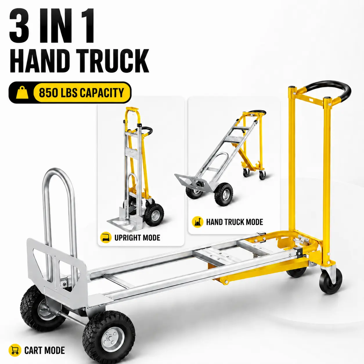 3-in-1 Convertible Hand Truck, 850 lbs Heavy Duty Folding Dolly Cart, Multi-Position Aluminum Hand Truck with 4 Wheels, Platform Cart, Upright Dolly and Compact Storage Mode for Moving, Warehouse, Garage, Office and Home Use Work Cart Alloy Frame Cart