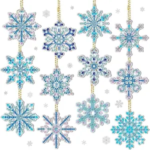 DIY Diamond Arts Colorful Painting Kit, 12pcs/set Snowflake Series Acrylic Double Sided Glitter Crystal Diamond Painting Keychain Decoration Kit, Diamond Painting Kits