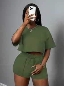 USBOUTIQUE CHIC Women‘s 2026 Spring Two Piece Set Short Sleeve Air Knit Top & Drawstring Shorts Casual Lounge Matching Outfit