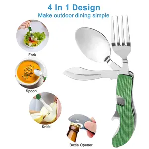4-in-1 Portable Cutlery Set Stainless Steel Folding Utensils with Fork Spoon Knife Bottle Opener, Compact Travel Camping Silverware, Lightweight Reusable Outdoor Gear for Hiking Picnic Everyday Use