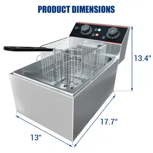 Stainless steel commercial fryer, 6.3 QT/6L desktop electric fryer with detachable basket and lid, adjustable temperature control, suitable for home and restaurant use, 1500W industrial deep